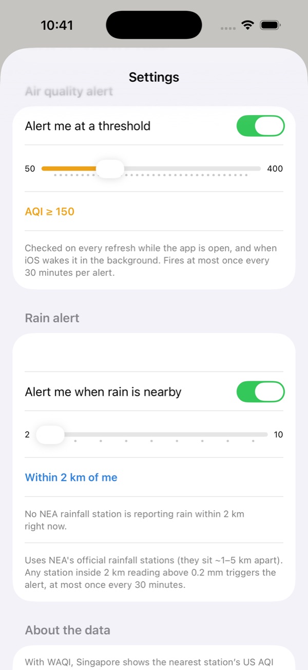 Settings showing location detection, background checks and alert thresholds.