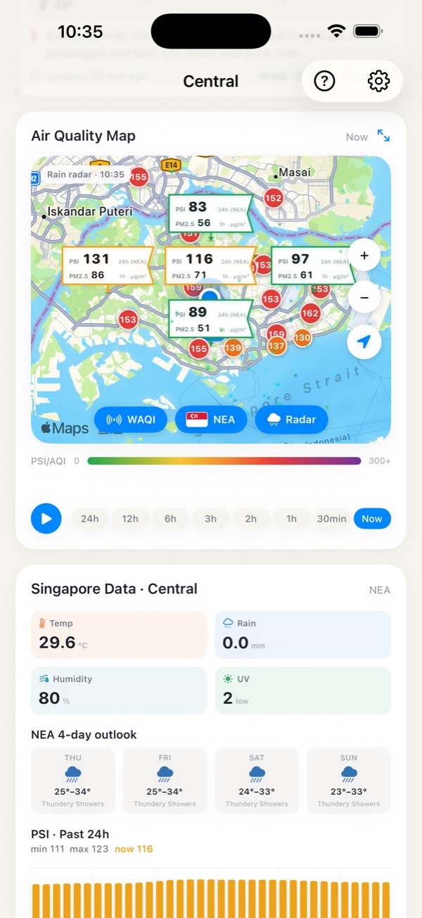 AirSG map: official NEA region flags with PSI and PM2.5, live WAQI stations and the rain radar overlay.